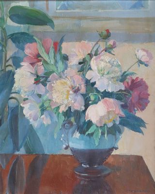une peinture représentant un vase de fleurs sur une table
