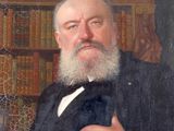 painting of a bearded man in a suit and tie sitting in front of a bookshelf