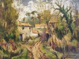 an oil painting of a dirt road leading to a white house