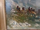 a painting of a group of people riding horses in the water