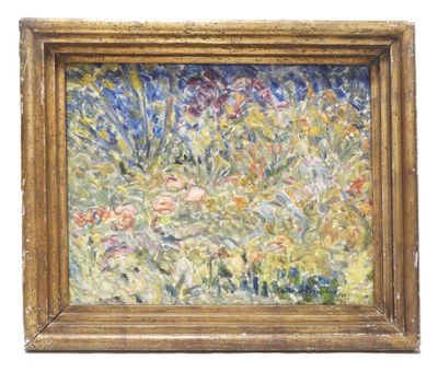 an oil painting of a field of flowers in a gold frame