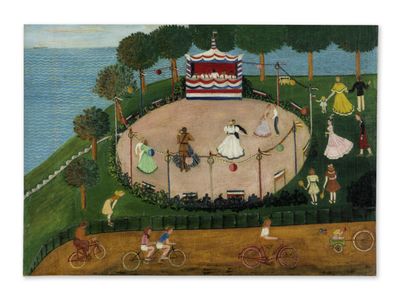an image of a painting of a circus scene with people riding bicycles