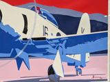 a painting of a blue and white plane on a red background