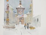 une aquarelle représentant une tour horloge sous la neige