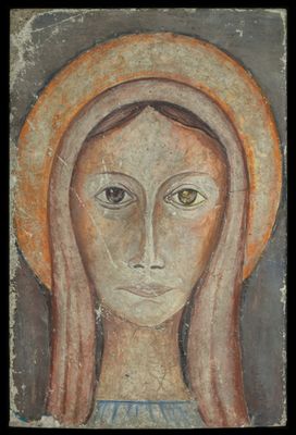 un vieux tableau représentant une femme avec une auréole sur la tête