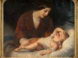 painting of a woman holding a baby in a bed