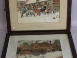 two framed pictures of people on a snowy street with buildings in the background