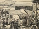 un dessin représentant un groupe de personnes debout devant un bâtiment