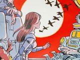 a cartoon picture of a man and a woman in front of a robot