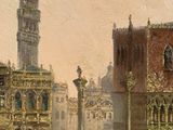 a painting of a large building with a clock tower in the background