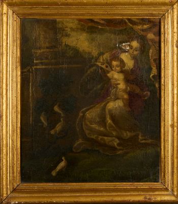 an image of a painting of a woman and a dog in a landscape
