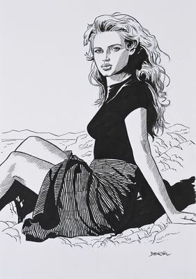 un dessin en noir et blanc représentant une femme assise par terre
