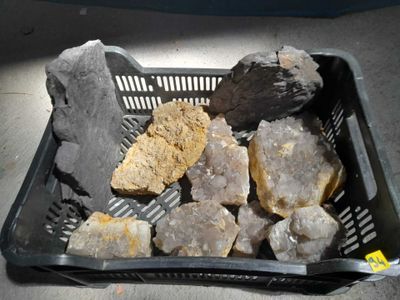 a basket full of rocks sitting on the ground