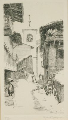 une image représentant un dessin d'une rue avec une église en arrière-plan