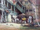 a painting of a horse drawn carriage in front of a building