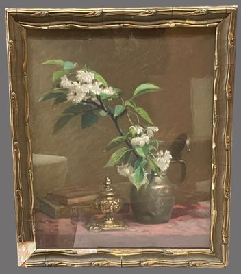 a painting of a vase with flowers in it on a table