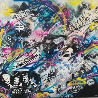 peinture représentant un groupe de personnes sur un mur recouvert de graffitis