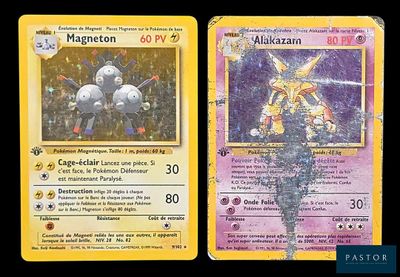 Deux cartes Pokémon sont représentées côte à côte sur un fond noir.