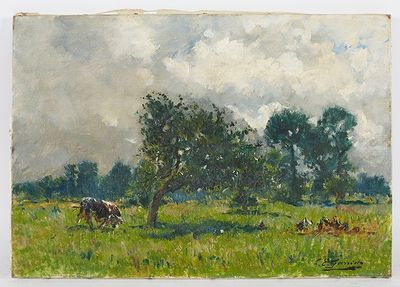 un tableau représentant des vaches paissant dans un champ sous un ciel nuageux