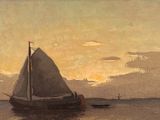 a painting of a sailboat on the water at sunset