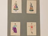 three drawings of women in dresses are displayed on a piece of paper