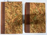 deux livres ornés de motifs dorés et verts, posés sur une surface blanche