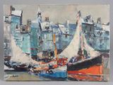 a painting of boats in a harbor with buildings in the background