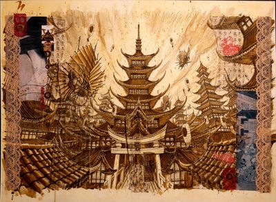 une photo d'un tableau représentant une femme et une pagode