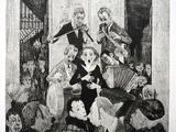 dessin en noir et blanc représentant un groupe de personnes dans un salon