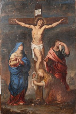 une image d'une peinture de jésus sur la croix avec d'autres personnes