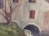 an oil painting of a house by a river with a bridge