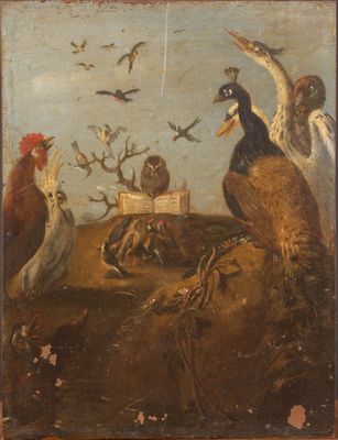 un vieux tableau représentant un groupe d'oiseaux dans un champ