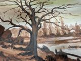 a painting of a tree in the middle of a field