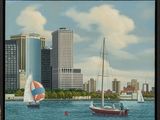 tableau représentant un voilier sur l'eau, avec une ville en arrière-plan