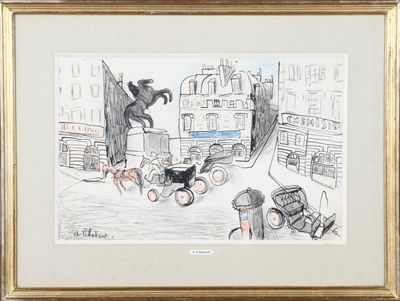 dessin représentant un homme dans une calèche en ville