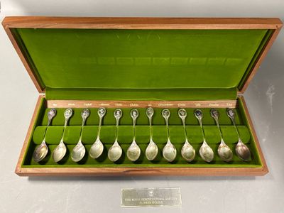 six cuillères dans une boîte en bois avec un couvercle vert