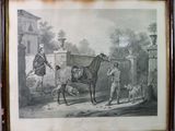 tableau représentant un homme et un cheval devant un homme accompagné d'un chien