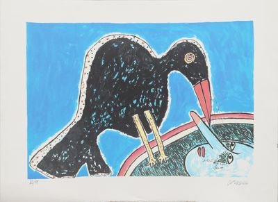 drawing of a bird with a fish in its beak on a plate