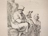 drawing of a man sitting on a rock next to a woman and a bird