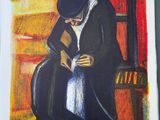 painting of a man sitting on a chair reading a book