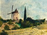 tableau représentant un moulin à vent situé sur une colline, avec des marches menant jusqu'à lui