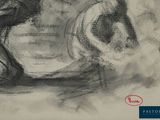 a black and white drawing of a man riding a motorcycle