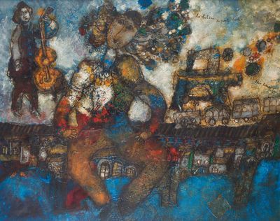a painting of a man and a woman on a bridge