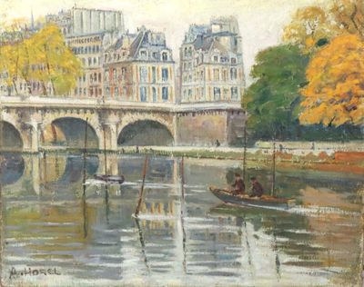 un tableau représentant un bateau sur une rivière, avec un pont en arrière-plan