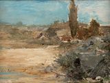 an oil painting of a desert scene with a lone tree in the distance