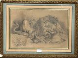 drawing of a lion resting on a rock in a gold frame