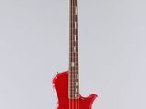 an electric bass guitar with a red body on a white background