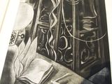 a black and white drawing of an open book on a table