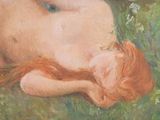 painting of a naked woman laying on the ground in a field of grass