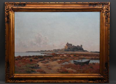 tableau représentant un paysage avec un château au loin et un bateau au premier plan